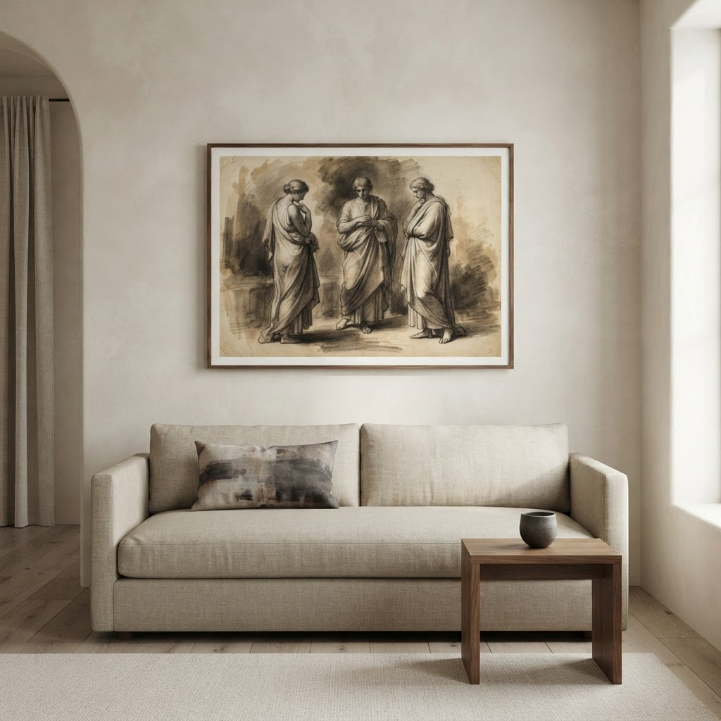 A historic figurative artwork in a slim black frame above a linen sofa in a contemporary plaster-walled room