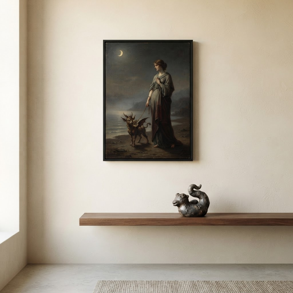 An unusual moonlit allegory of a woman leading a small winged creature, framed in slim black on a warm plaster wall above a minimal walnut ledge holding one strange little sculpture